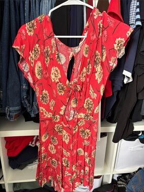 Floral Tie-Front Red Women’s Dress